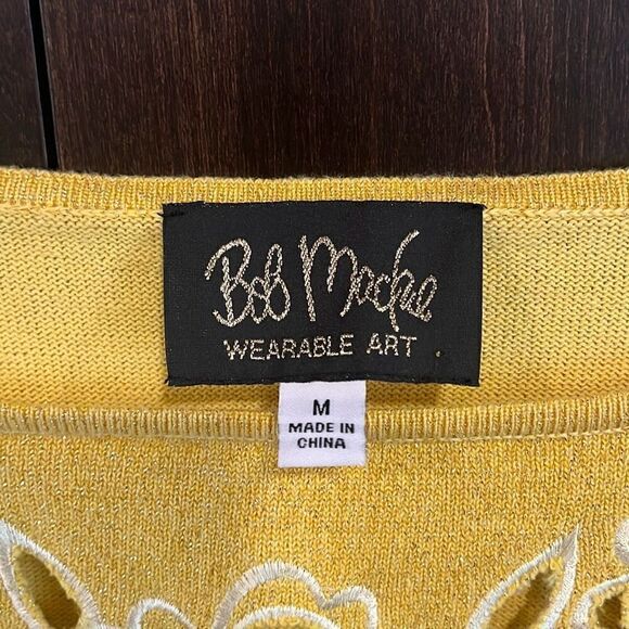 Bob Mackie Yellow Shimmery Metallic Threading Cut-Out Flowers Sweater - Picture 4 of 6